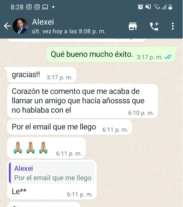 Captura real de un testimonio de WhatsApp de Alexei
