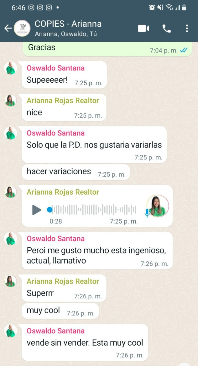 Captura real de comentarios de WhatsApp de Arianna Rojas y Oswaldo Santana