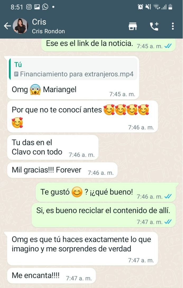 Captura real de un testimonio de WhatsApp de Cris